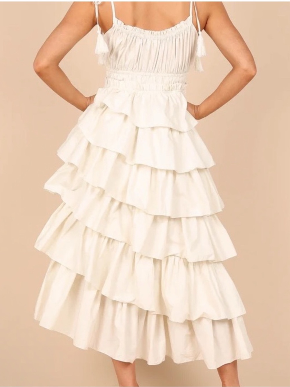 RuffleTiered Cream Dress with Tie Straps - Picture 3 of 6